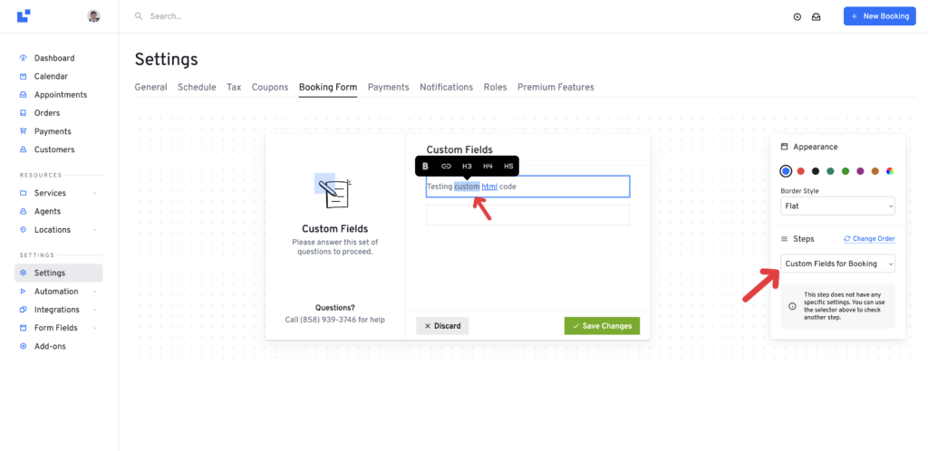 custom booking form content