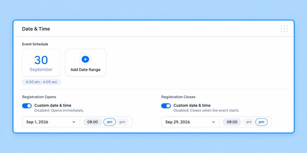 Introducing Events: A WordPress Event Booking System Built Into LatePoint LatePoint Date & Time settings for an event, with schedule, and custom registration open/close date fields