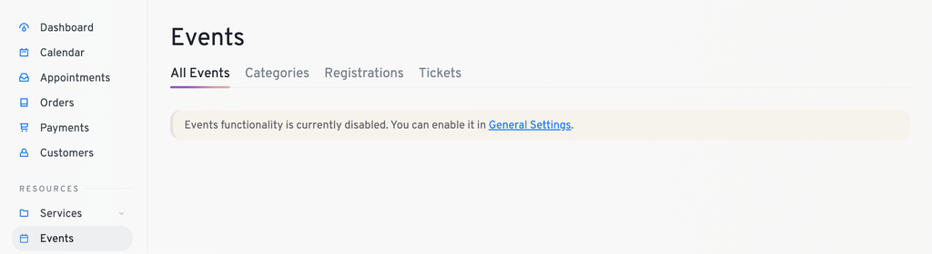events not enabled