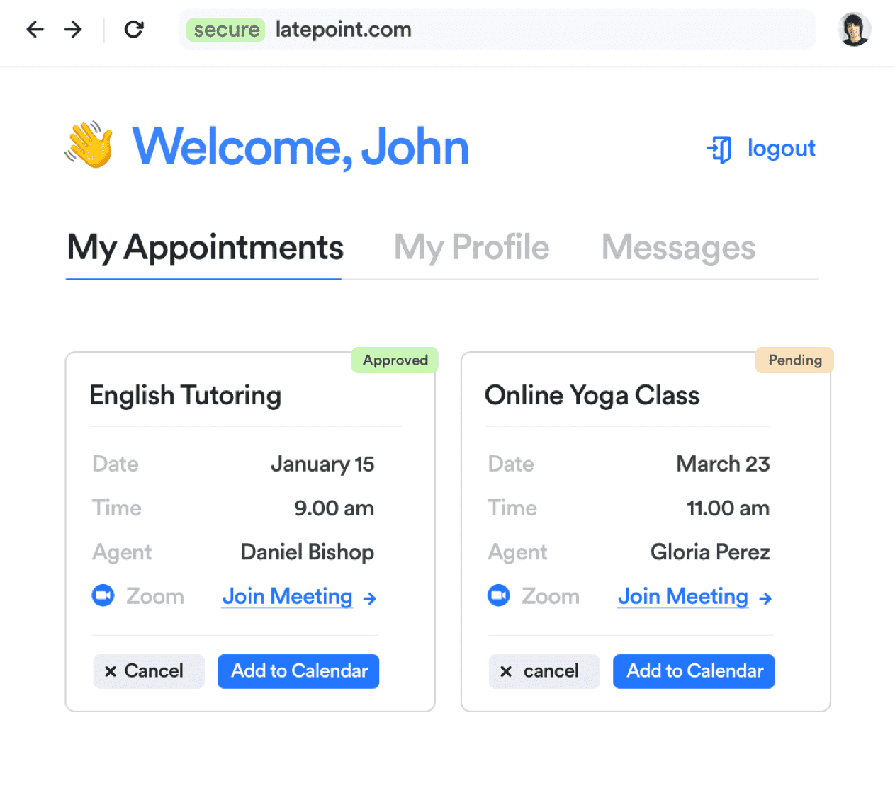 Customer cabinet to manage appointments in LatePoint