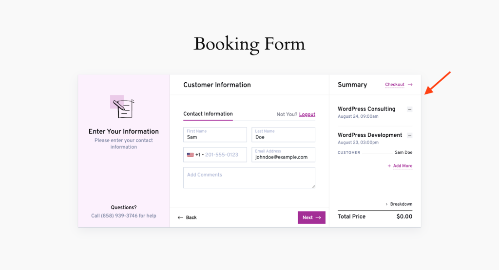 booking form