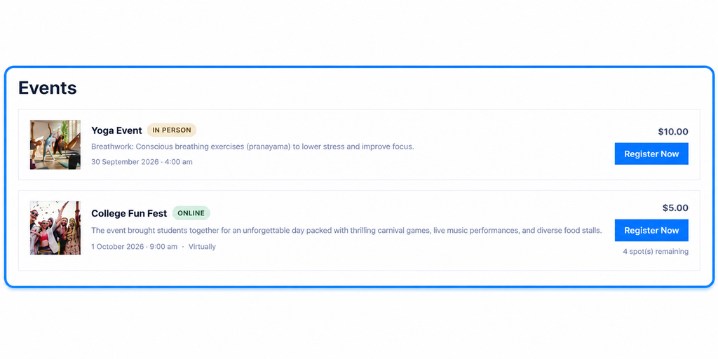 Introducing Events: A WordPress Event Booking System Built Into LatePoint "Events list on a WordPress page, generated by the LatePoint events list shortcode, showing event cards with price and a Register Now button