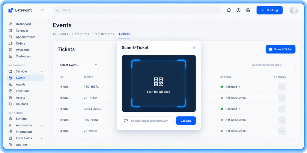 Introducing Events: A WordPress Event Booking System Built Into LatePoint LatePoint Scan E-Ticket dialog with QR scanner and a ticket list showing checked-in status