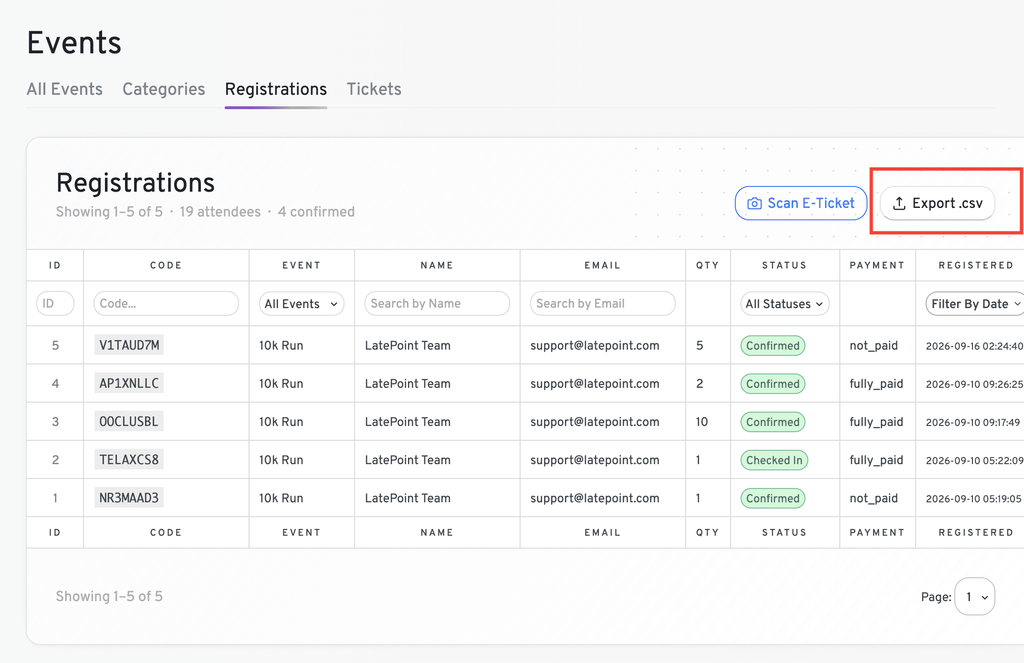 Managing Event Registrations export events