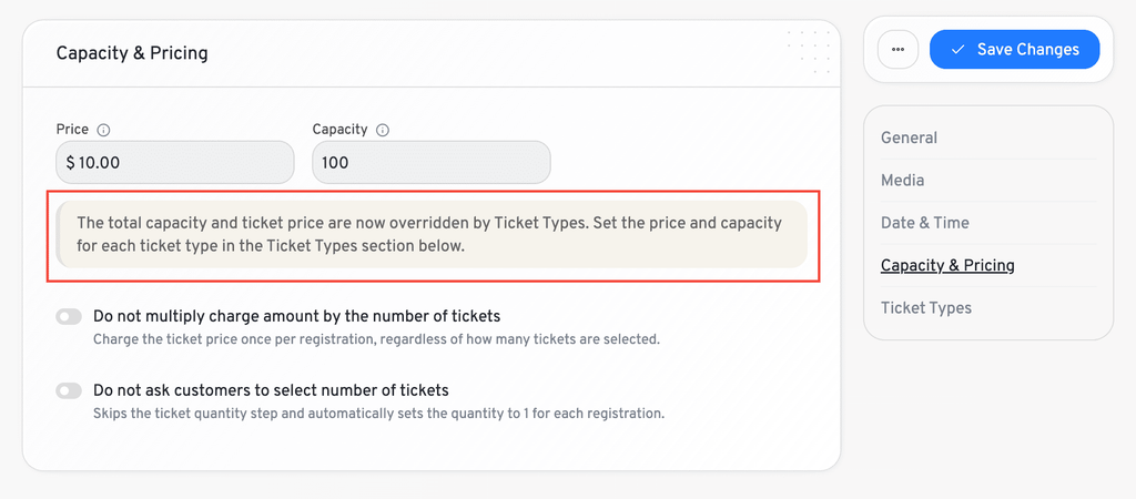 ticket type override