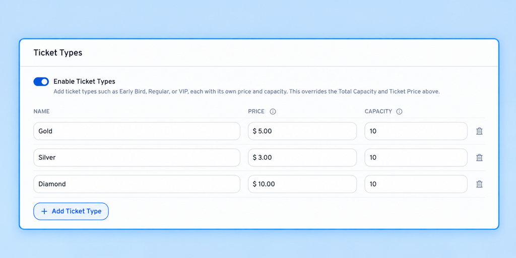 Introducing Events: A WordPress Event Booking System Built Into LatePoint LatePoint Pro ticket type settings showing three ticket tiers, each with its own price and capacity